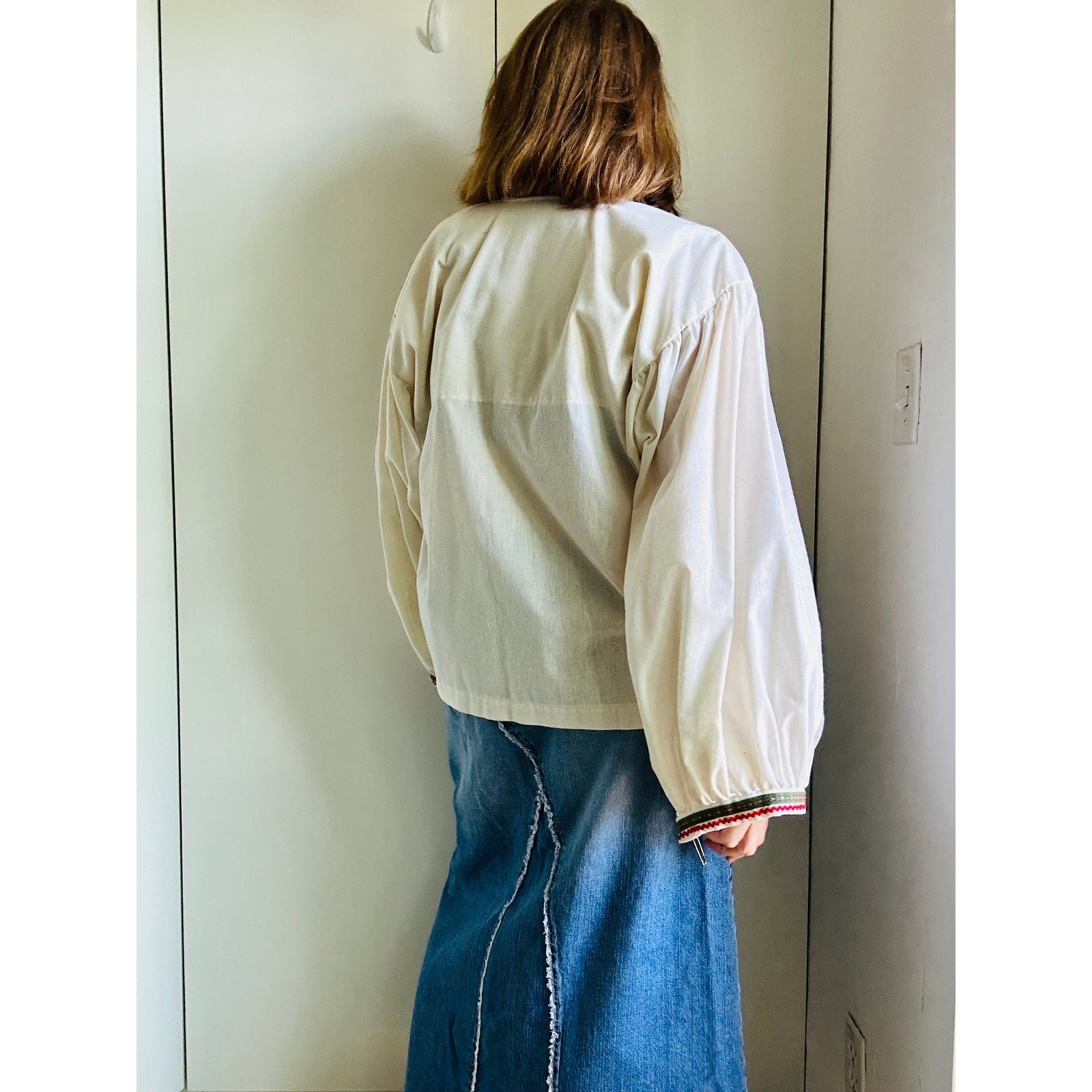 Vintage 70s Boho Peasant Blouse L XL Handmade Cotton Embroidered Folk Top