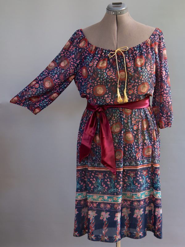 VTG 70s Tabby Hippie Festival Boho Peasant Dres Elastic Off Shoulder Collar L