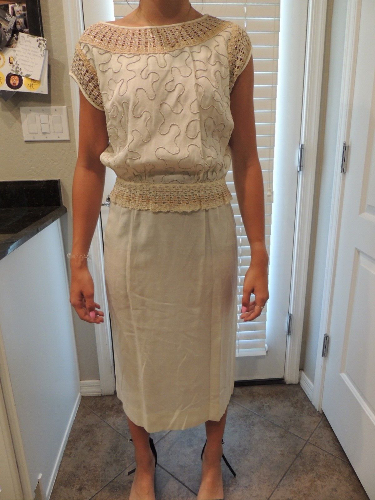 Vintage Paul Sachs Original Dress cream & gold accent fitted button back
