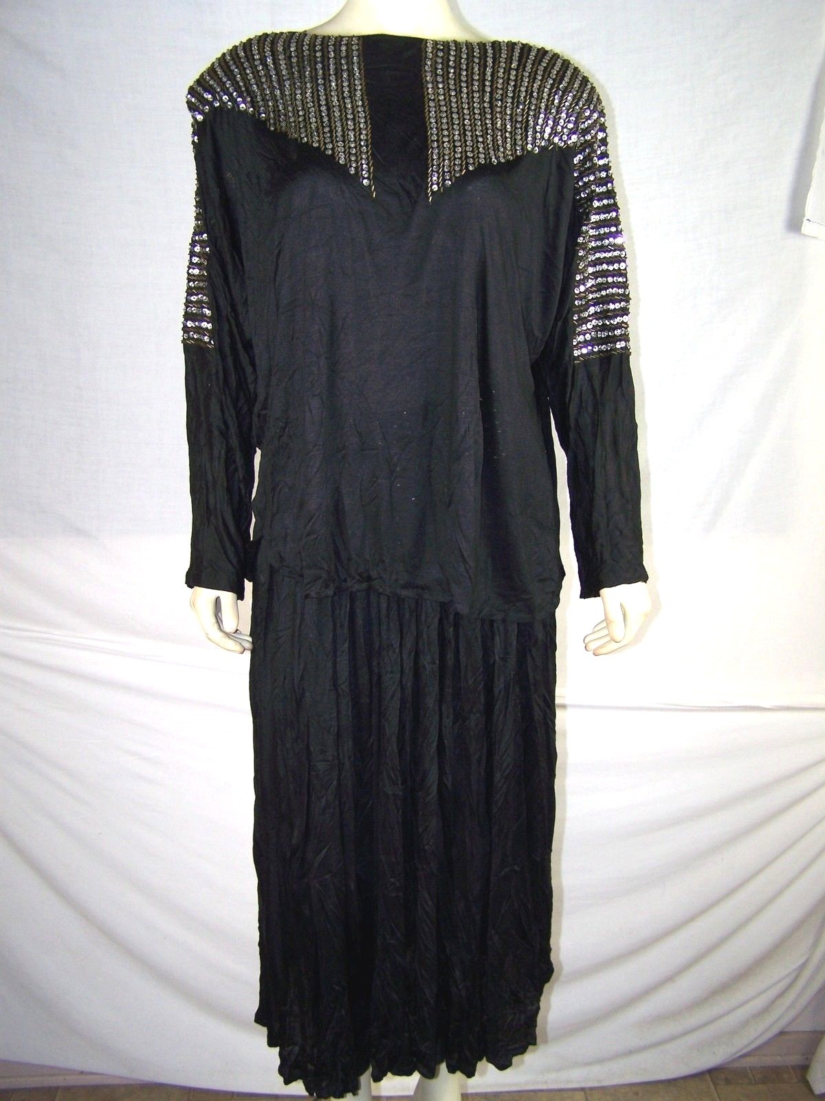 Vintage Thums Up Dress Women’s Medium 8 10 Black 2-Piece Sequined Rhinestones