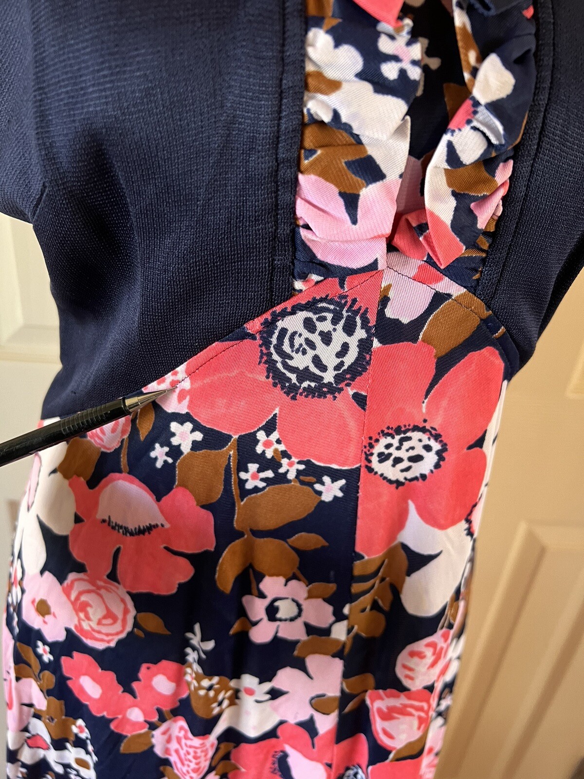 vintage 70s floral maxi dress navy with pink white flowers sleeveless ruffle