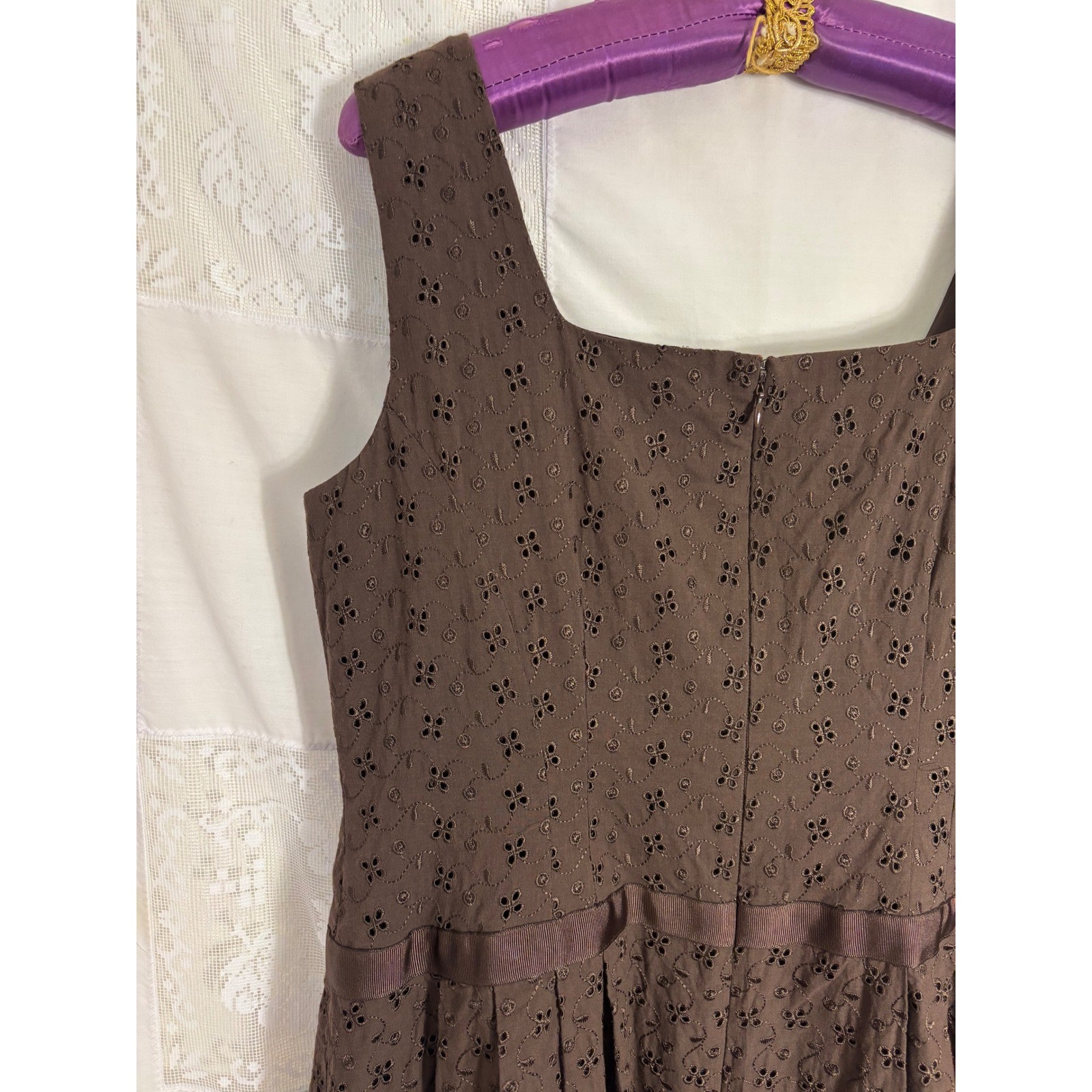 VTG Brown Cottage Twee Bow Front Babydoll Cotton Eyelet Midi Dress Size XL
