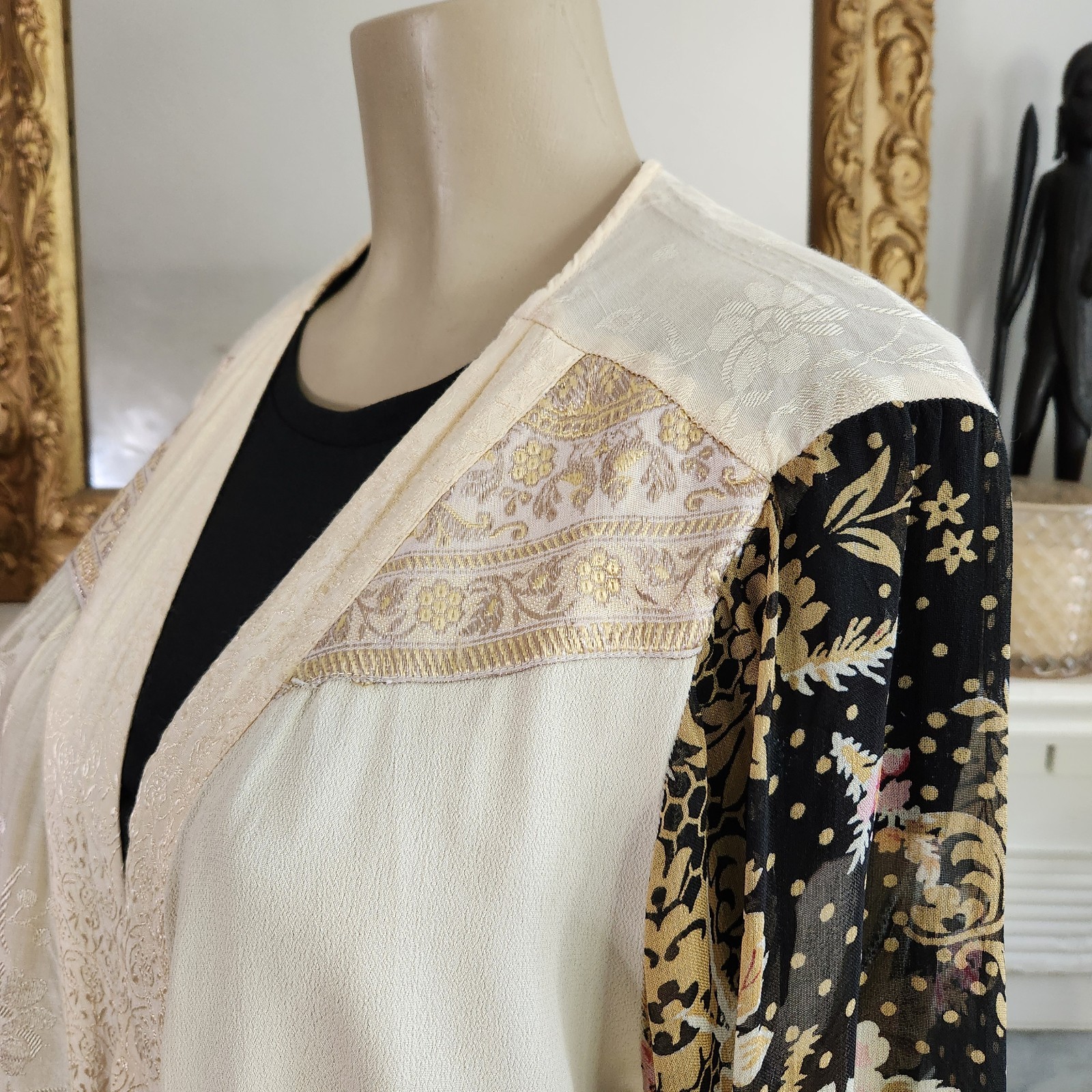 Vtg 80s Beige Patchwork Cardigan Sz 1X Jacket Jacquard Floral Boho Hippy Lace