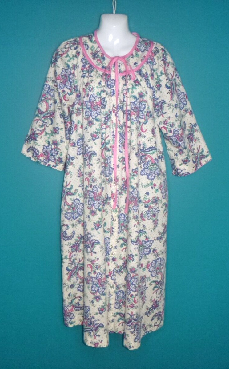Vtg 70s Models Coat Robe House Dress Duster Pink Aqua Blue Floral Sz L/XL