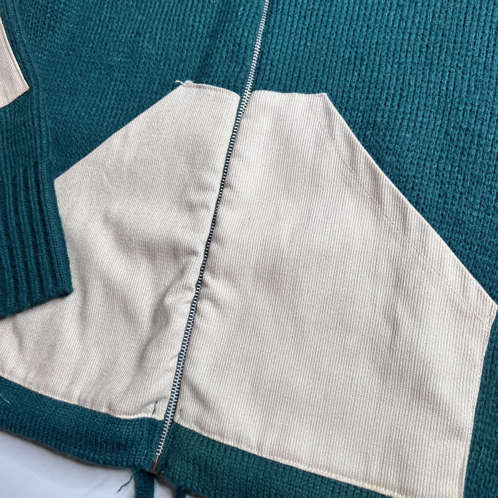50s Vintage Hoodie Sweater M Green Hooded Full Zip Knit Jacket Pockets