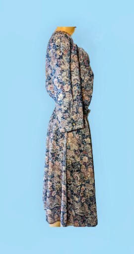 CALIFORNIA LOOKS Vintage Floral MAUVE Navy Puff Sleeve Dress MODEST 6 Petite
