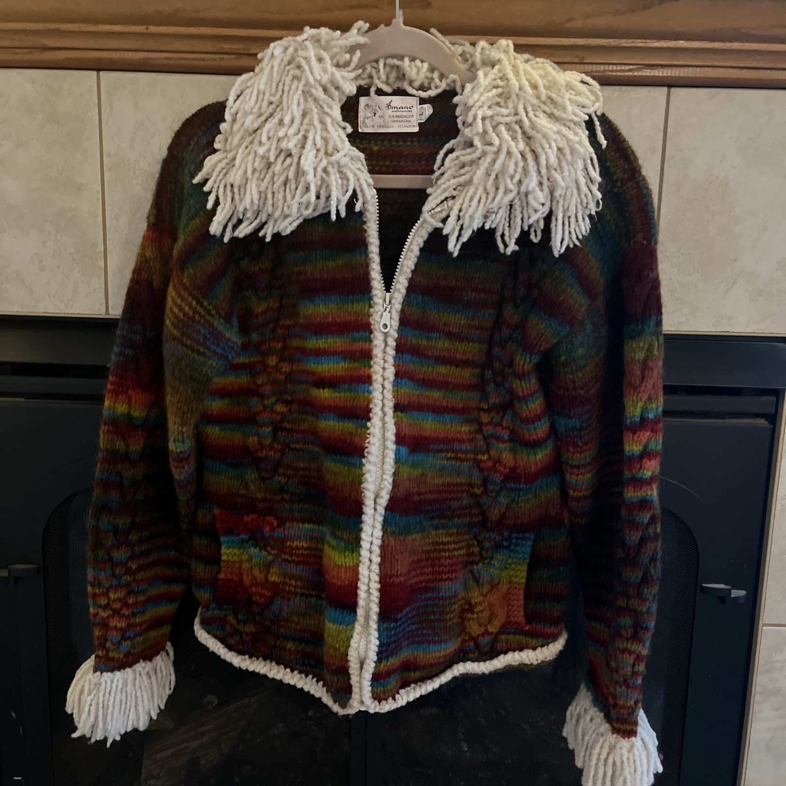 Multi Colored Hand knit Boho 100% Wool Sweater Jacket By Amano Artesian Equator