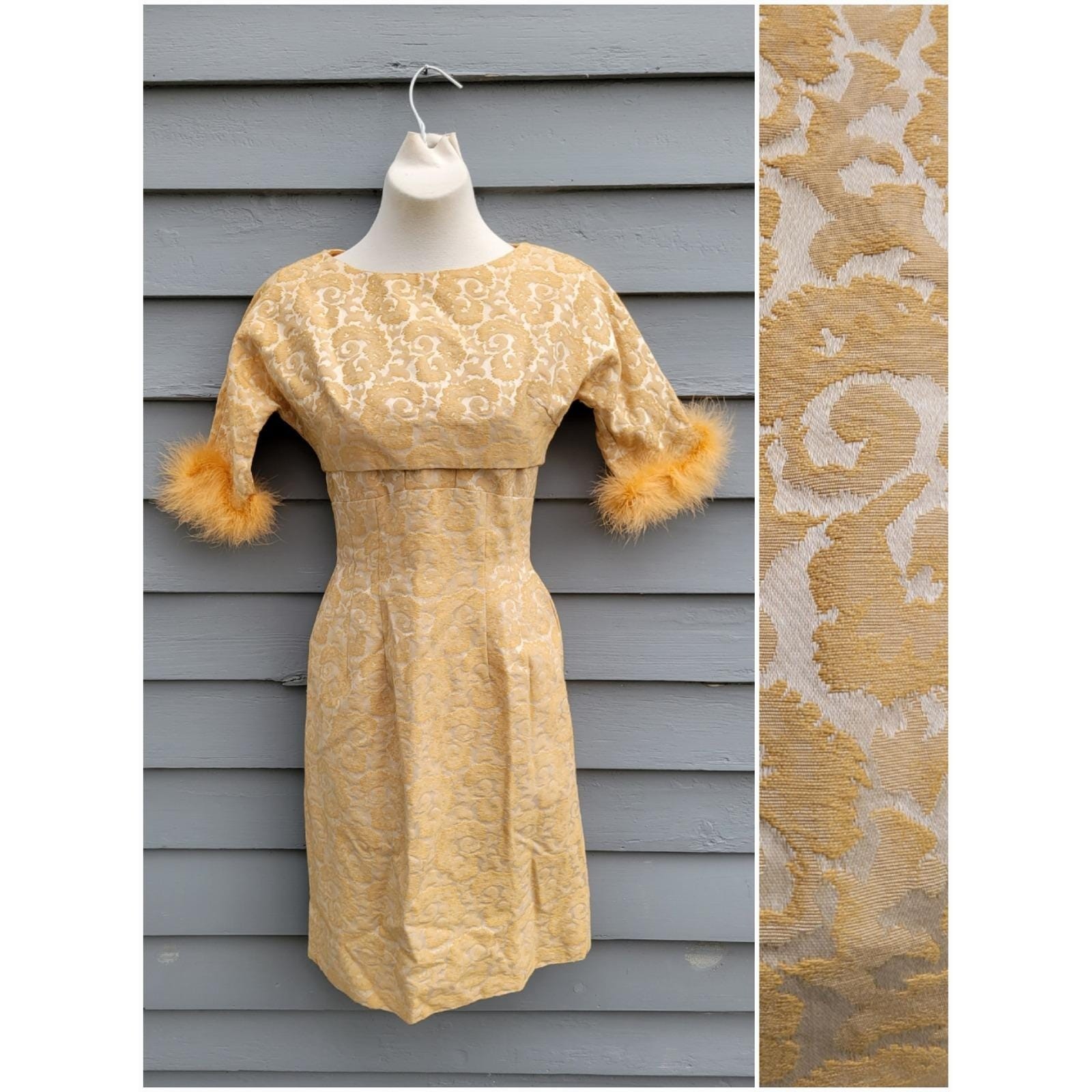 Vintage 60s Gold Brocade Wiggle Dress & Feather Trim Bolero Jacket Set Size 5
