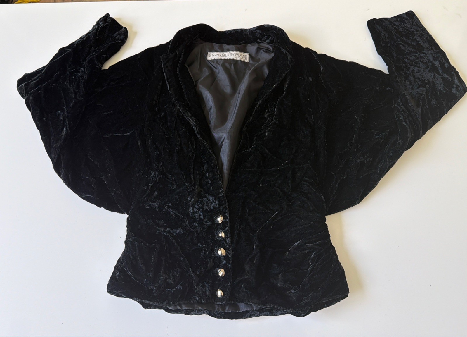 Vtg 70s 80s The Strawberry Plant Crushed Velvet Jacket Black Rhinestone Buttons