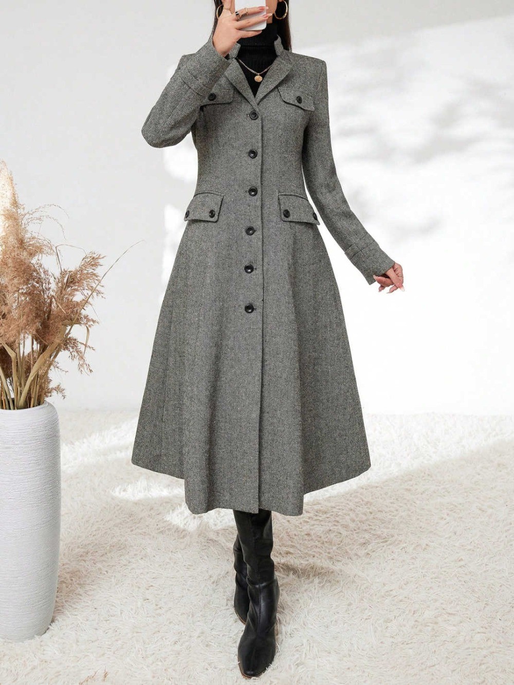 Ladies Grey Coat Herringbone Jacket Hem Skirt Tweed Winter Long Business