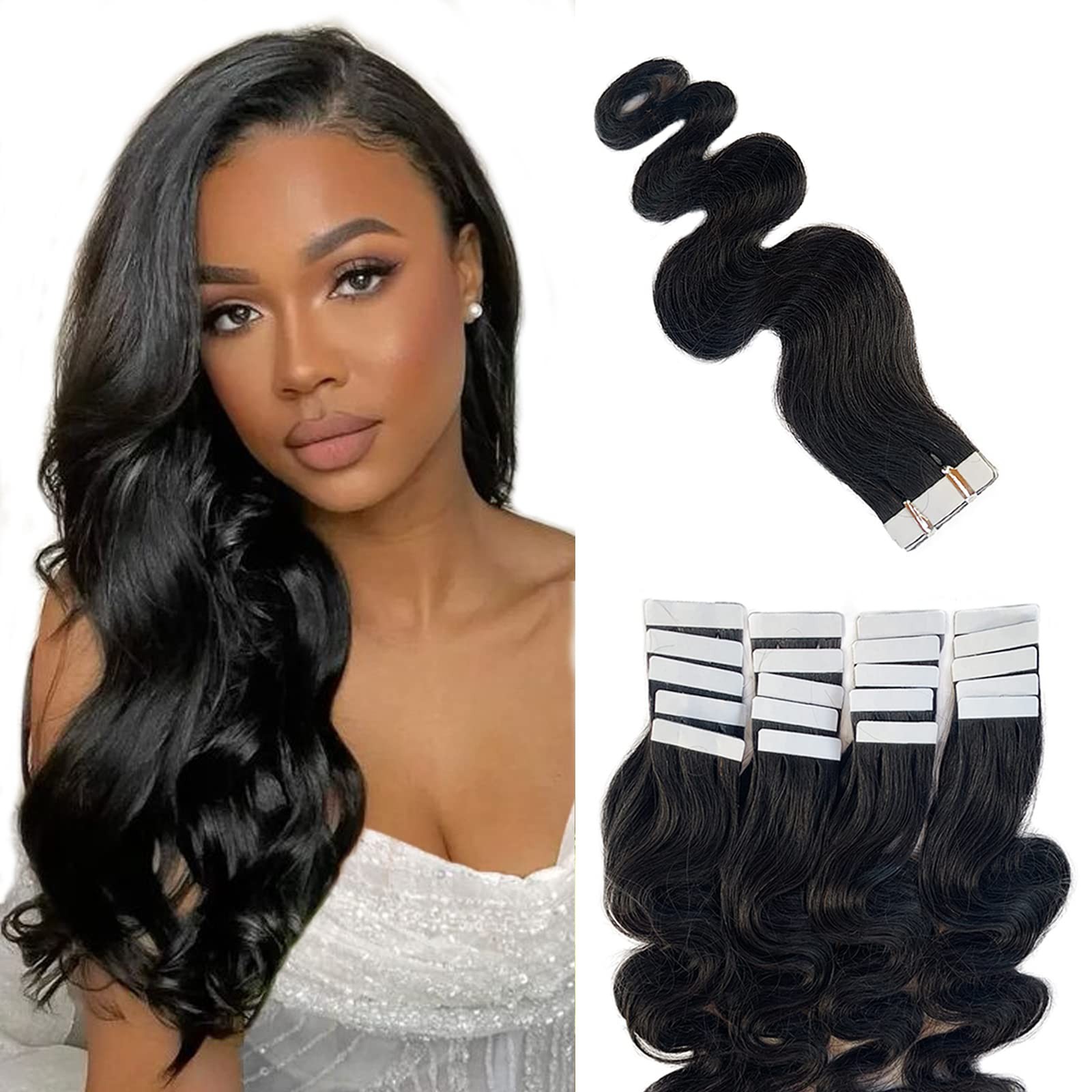Body Wave Tape in Human Hair Extensions #1B Natural Black 22 Inch Real Hair