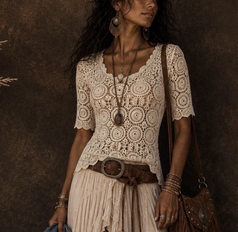 Vintage 70s Hand Crocheted Boho Crochet Top Cream Floral Lace Festival Hippie M