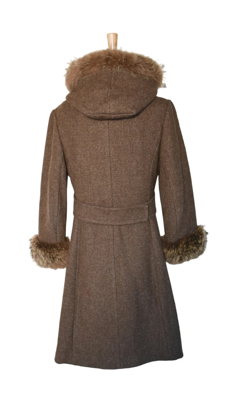 Vintage 70s Ronnie Sophisticates Cocoa Brown Wool Tweed Fur Hood Penny Lane Coat