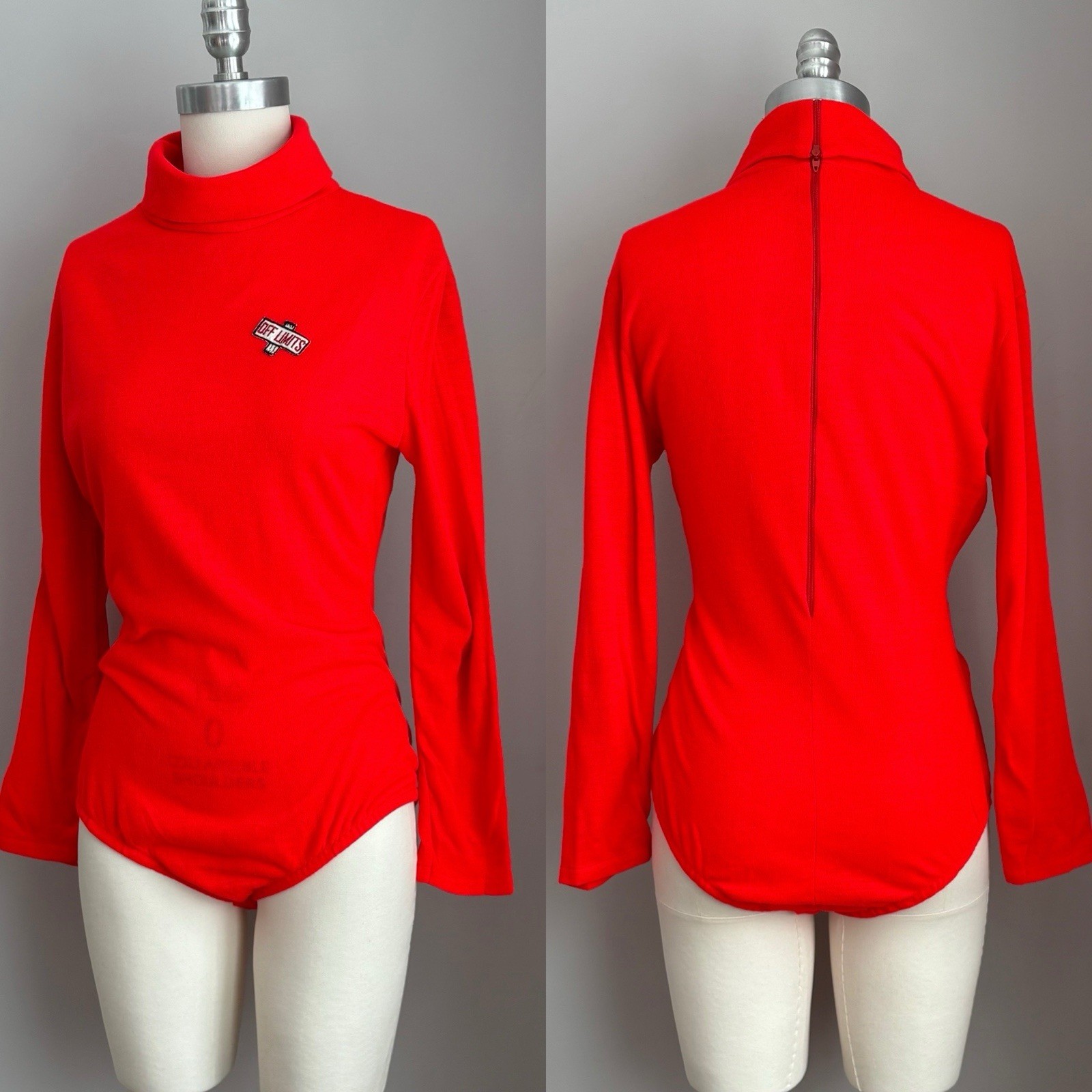 Mod Vintage 1960’s Red “Off Limits” Patch Bodysuit Top & Mini Skirt Set S/M