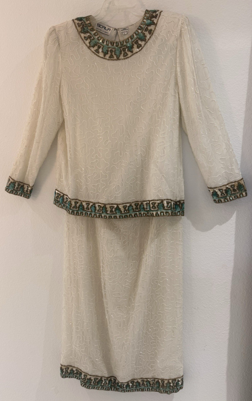 Vintage 70’s Women’s Dressy Scala 100% Silk Beaded Blouse and Skirt Set LG