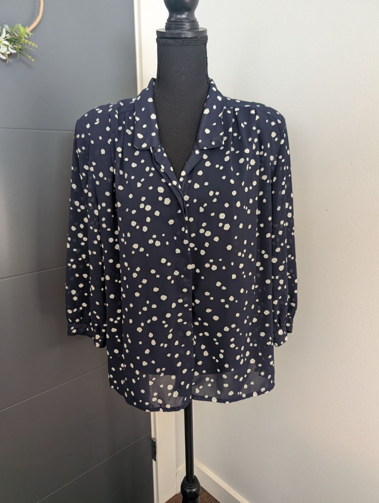 Vintage Campus Casuals Navy Polka Dot Two-Piece Set – Blouse & Skirt – 14