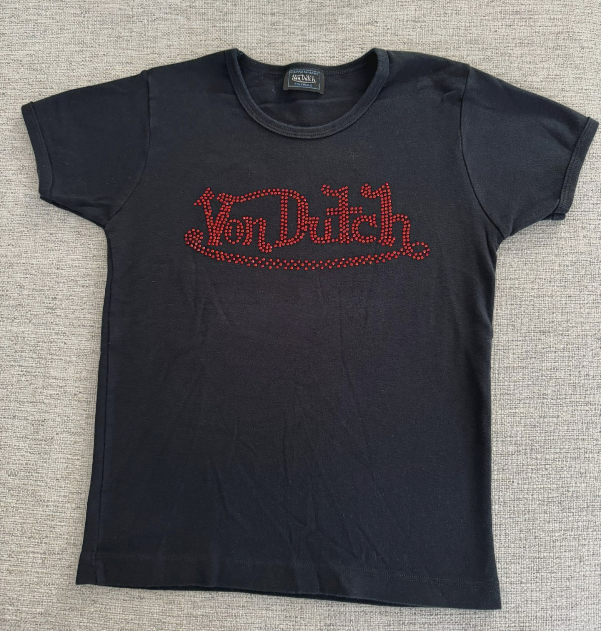 Vintage Von Dutch Red Rhinestone Logo Black Y2K Graphic T shirt Size S