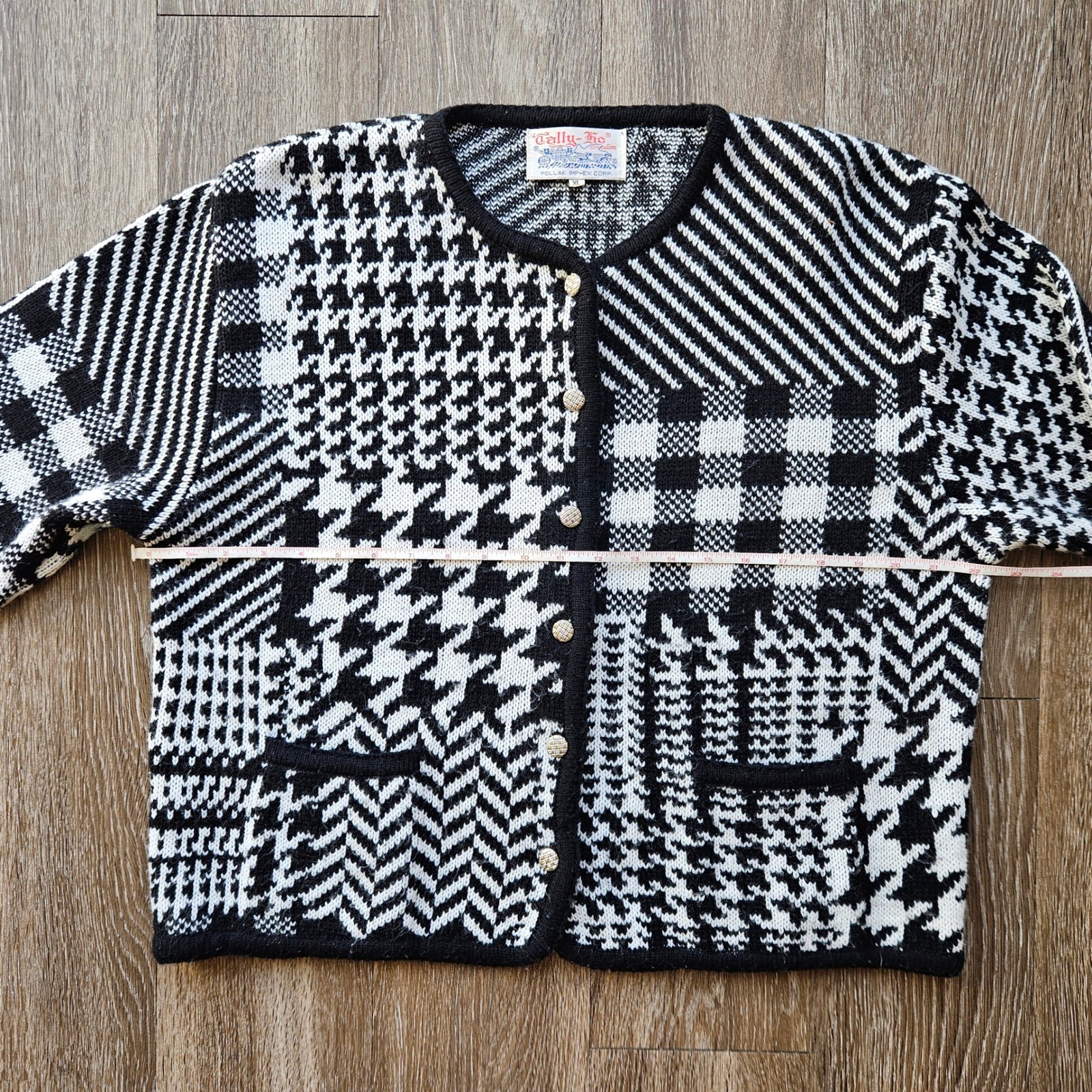 Tally-Ho Vtg Mixed Print Cardigan Sweater XL Black White Houndstooth Patchwork