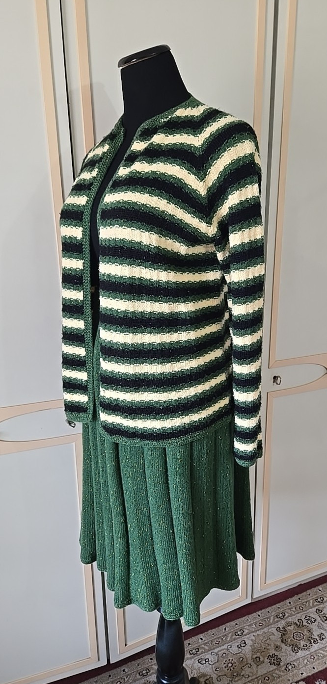 Vintage 60s Heavy Knit Set~ Sweater with Pleated Skirt in Geek Stripes, Midi ~ S