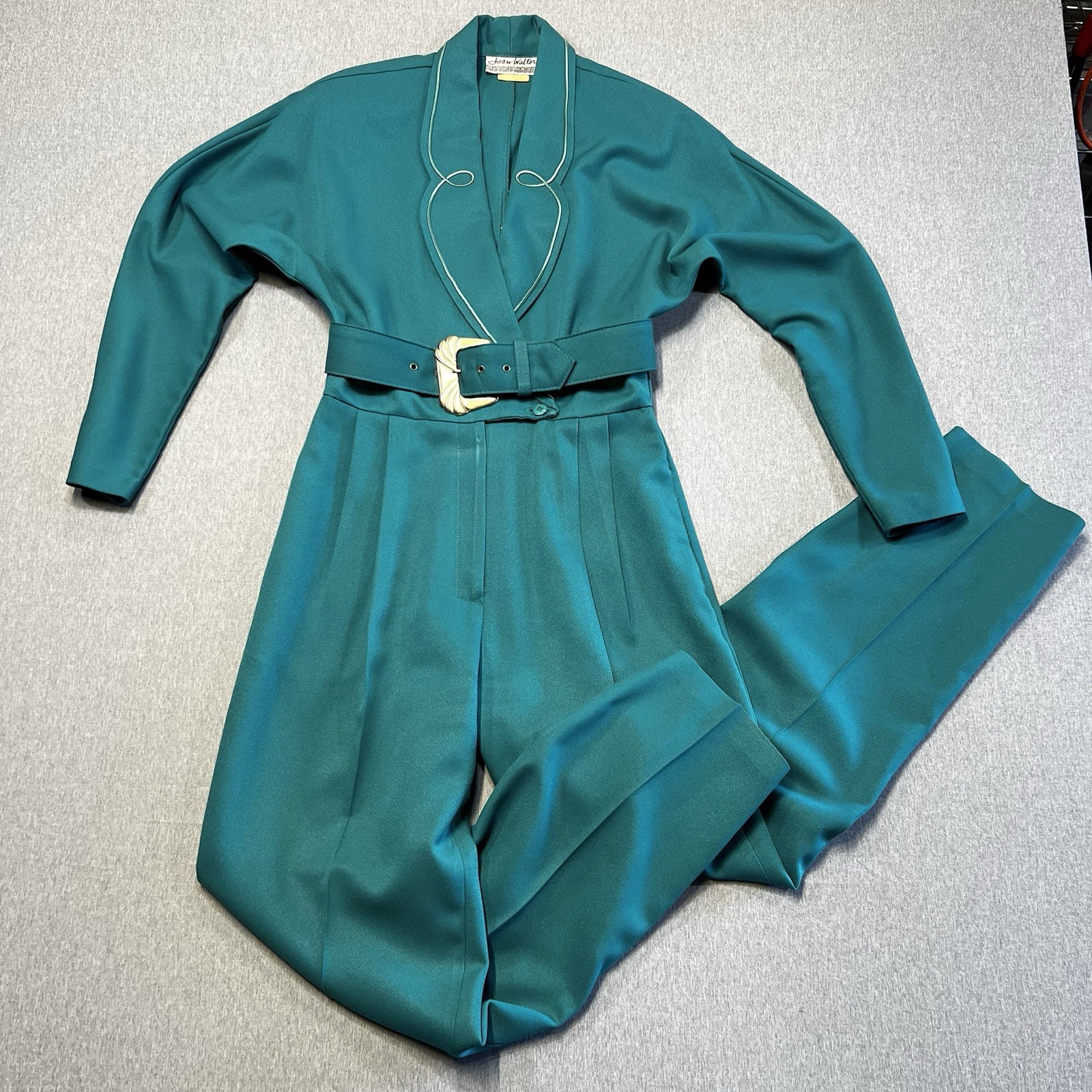 Vintage 80s Teal Power Jumpsuit Belted USA Made Joan Walters Petite 80s tailored