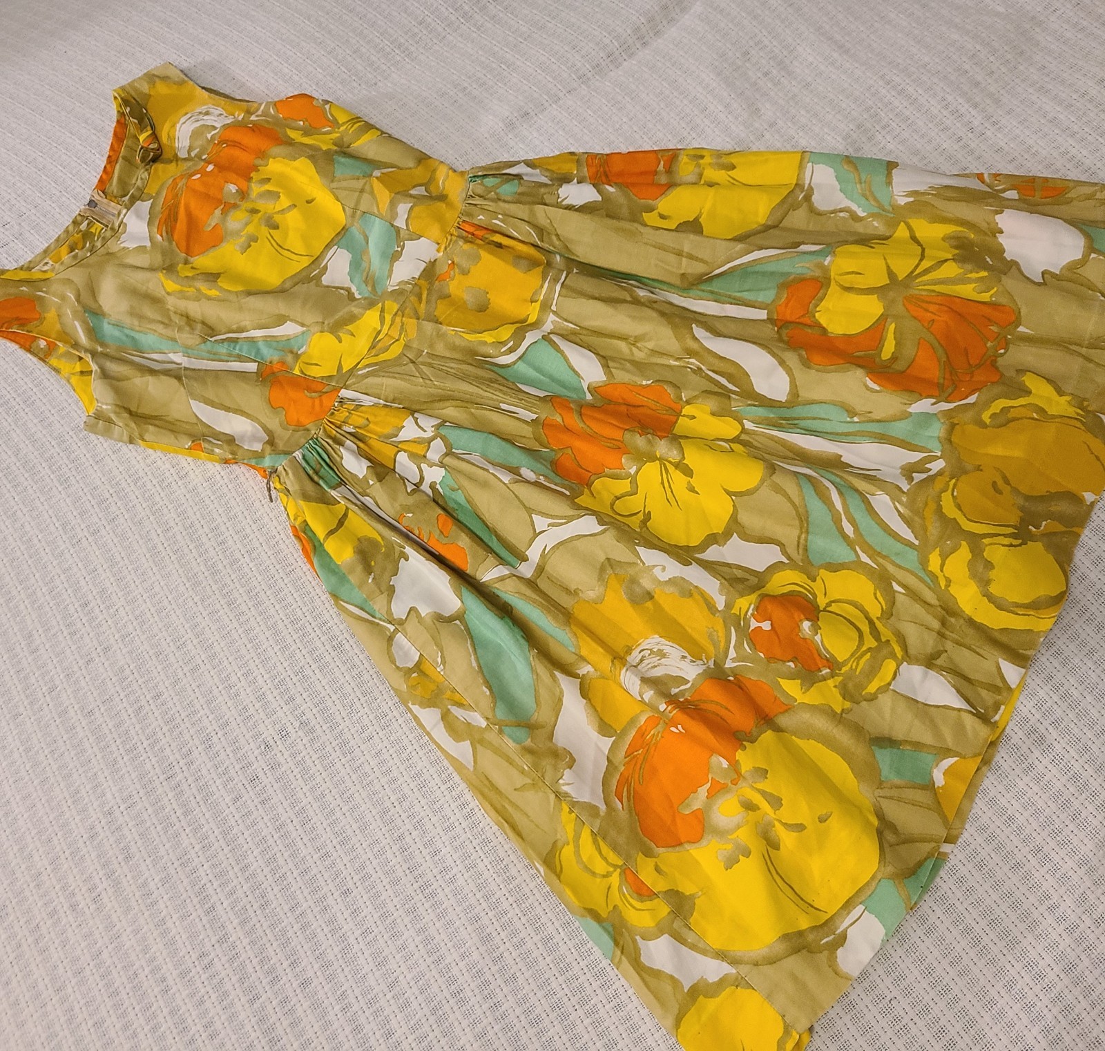 Vtg 60’s Loungecraft Original Floral Cocktail Dress XS Yellow Orange Tan Mad Men