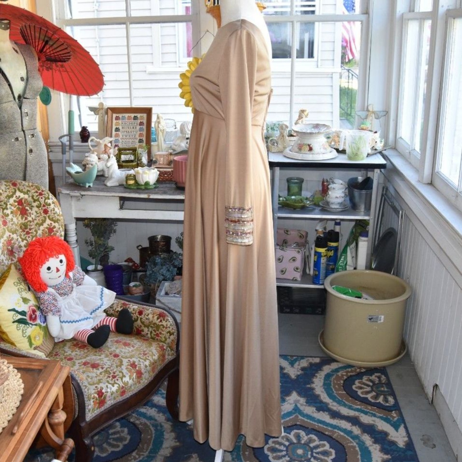 Vintage 70s Kay Kipps Hostess Gown Champagne Maxi Dress Scoop Back Size Small