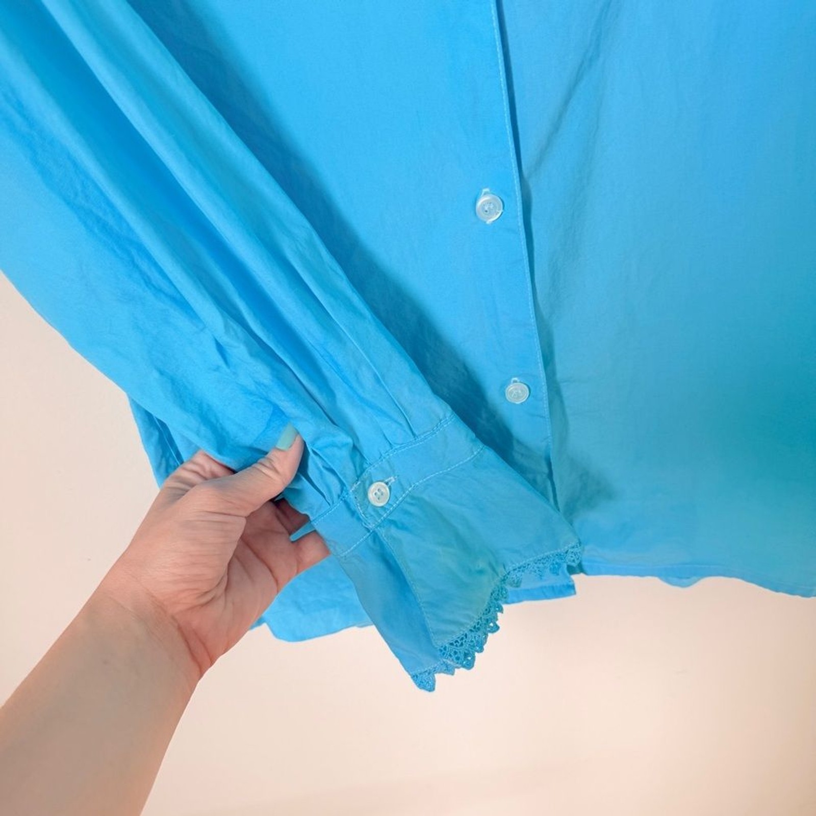 Vintage Hand-dyed Turqoise Aqua Blue Button Down Shirt Blouse Top Eyelet Trim 12