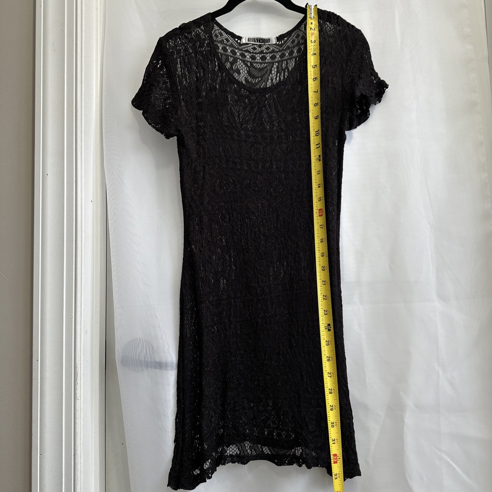 Vintage Brentwood Black Lace Overlay Dress Sheer Crochet Knit Short Sleeve