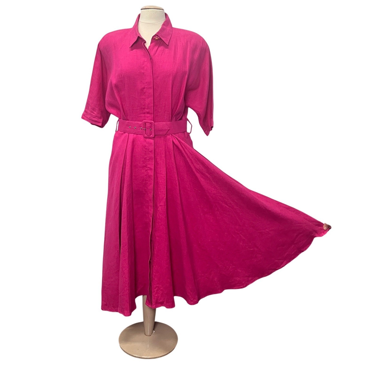 Carole Little Vintage Fuchsia Pink 100% Linen Belt Midi Shirt Dress 8 Circle 90s