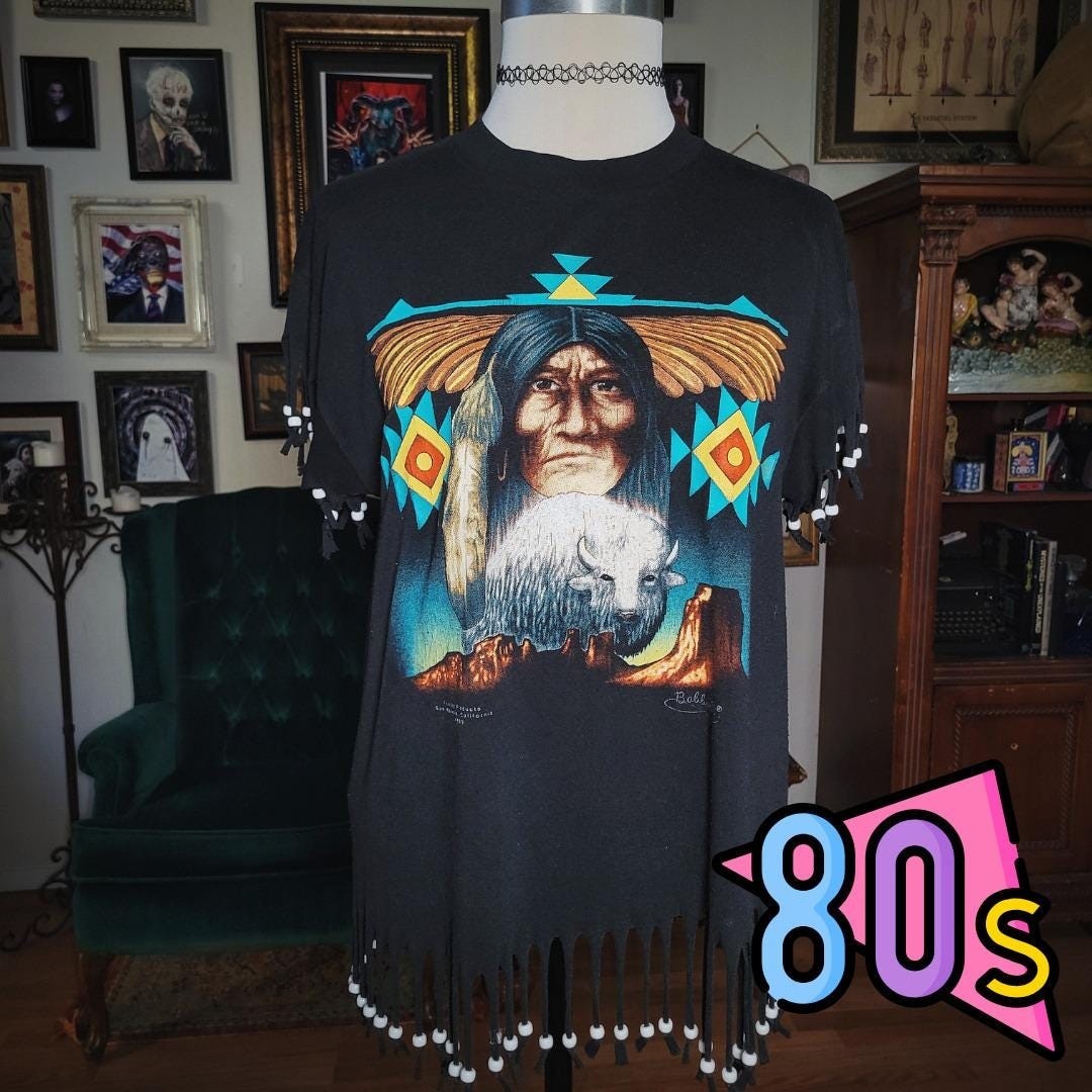 Trinity Products Shirt Native American Fringe Vintage 80s Beaded Black 1989 L