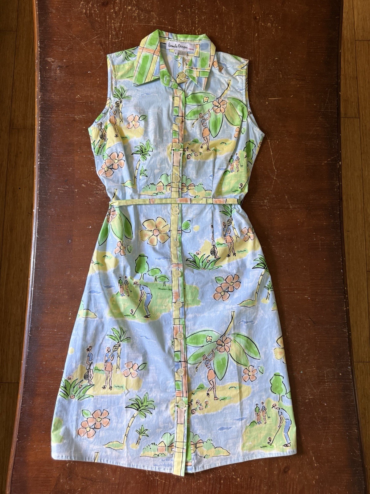 Pamela Ferrari Firenze Sleeveless Vintage Golf Dress Button Down W/ Waist Belt