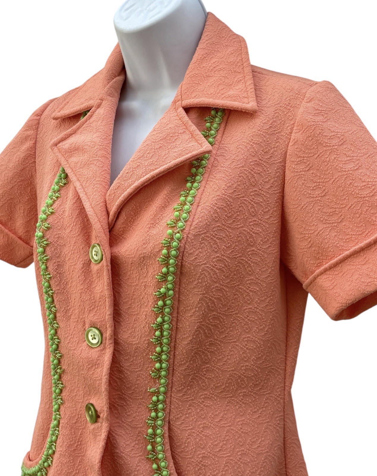 Vintage 70s Coral Beaded Jacket, Mrs Roper Style Polyester Knit Top S/M