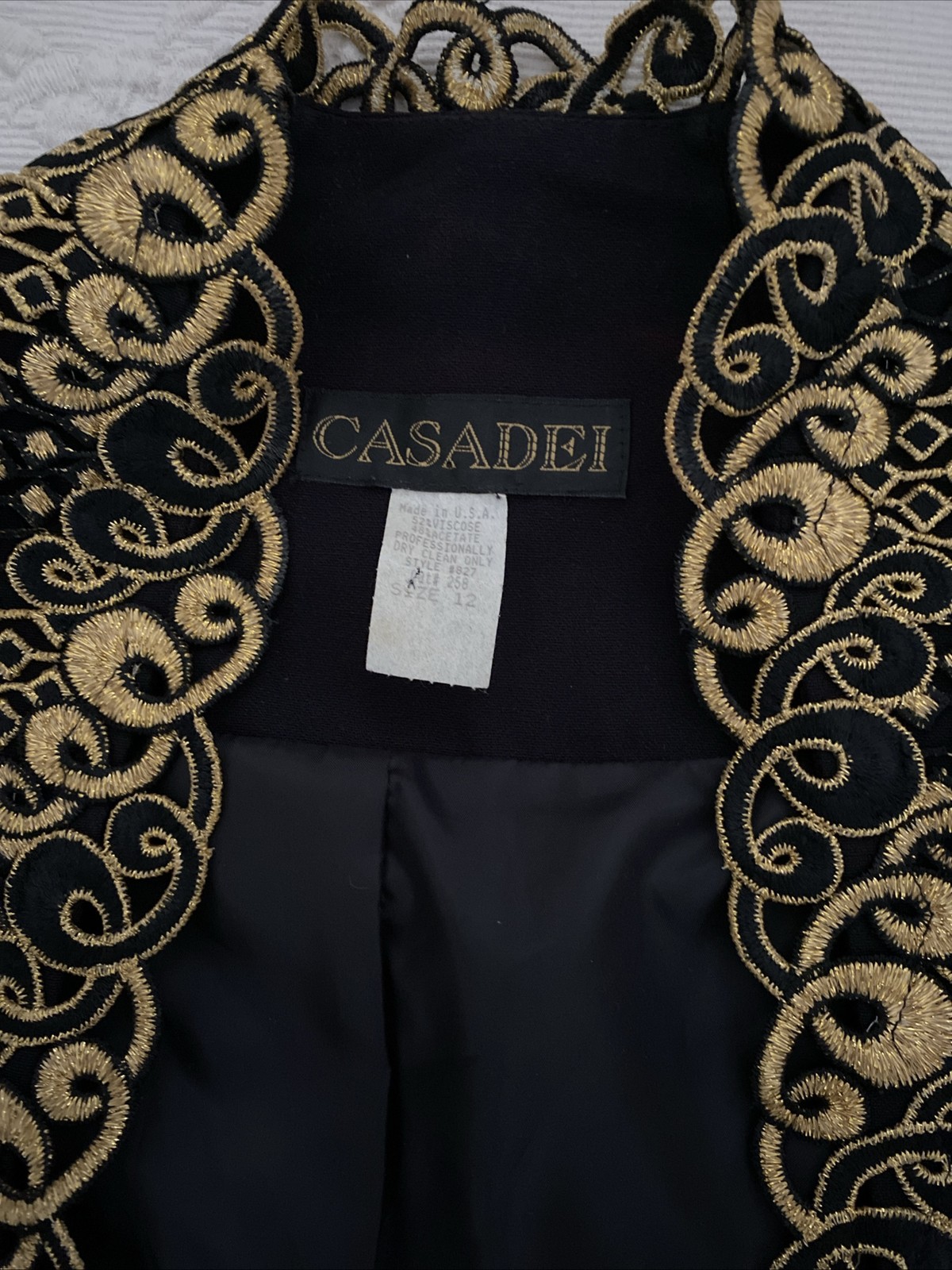 Vintage 90’s CASADEI Black Gold Collar Applique Glam Blazer Jacket SZ 12Rare USA