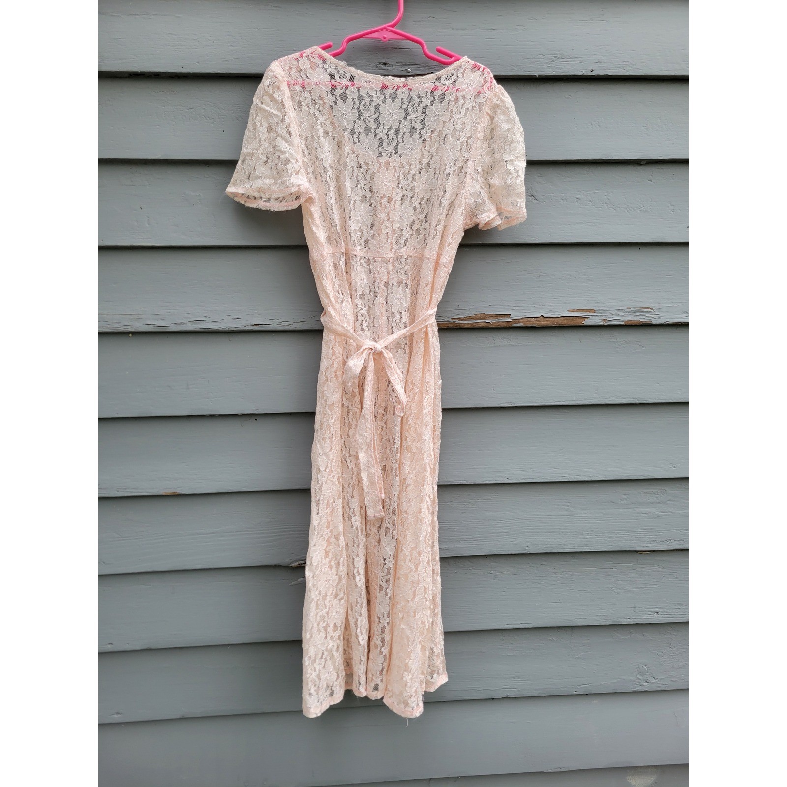 Vintage Lace Mini Dress Peach Pink Pearl Button Cottagecore Coquette Sheer Small