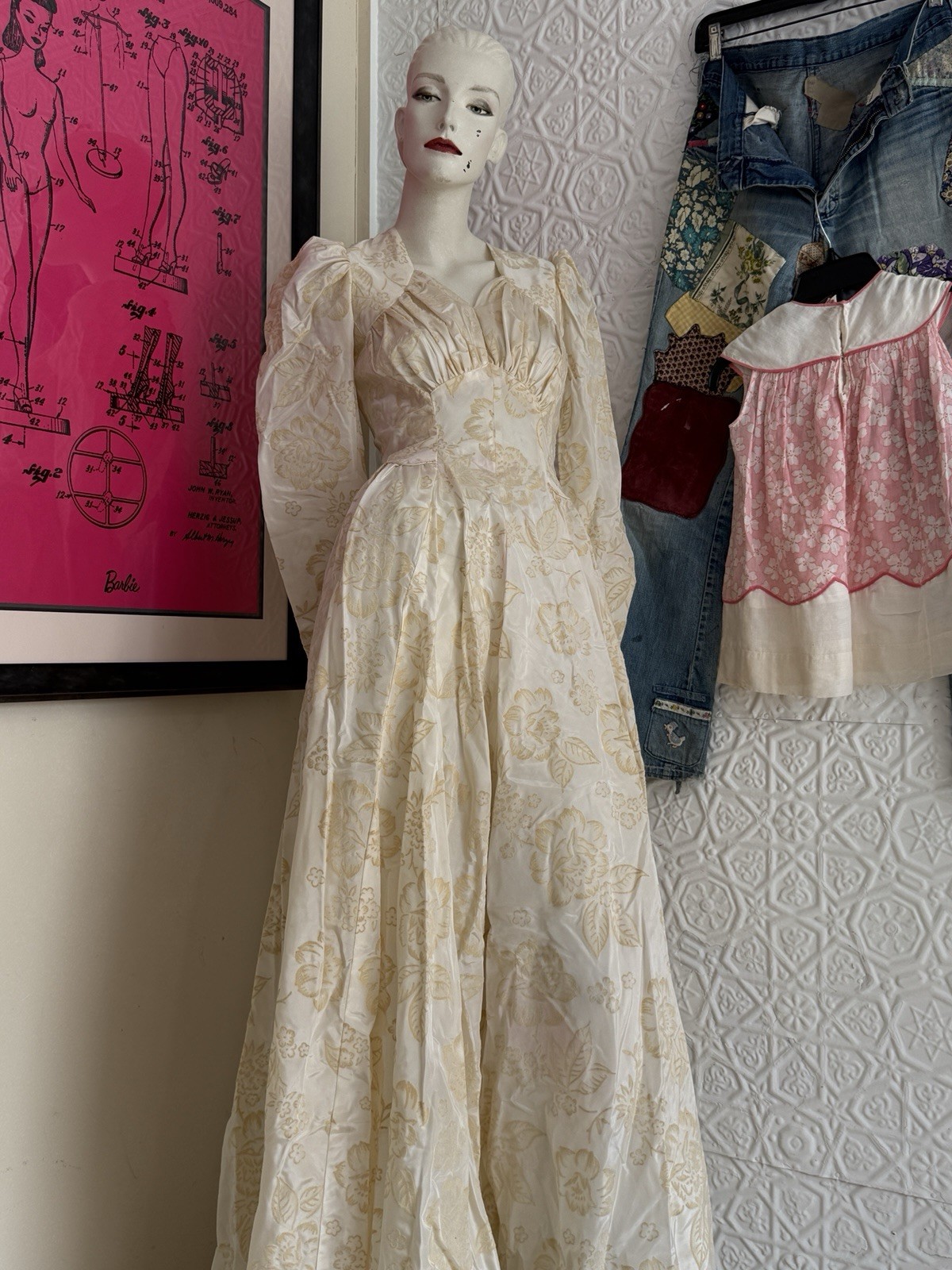 Vintage 1930s wedding gown puff sleeve flocked floral ivory dress-antique bridal
