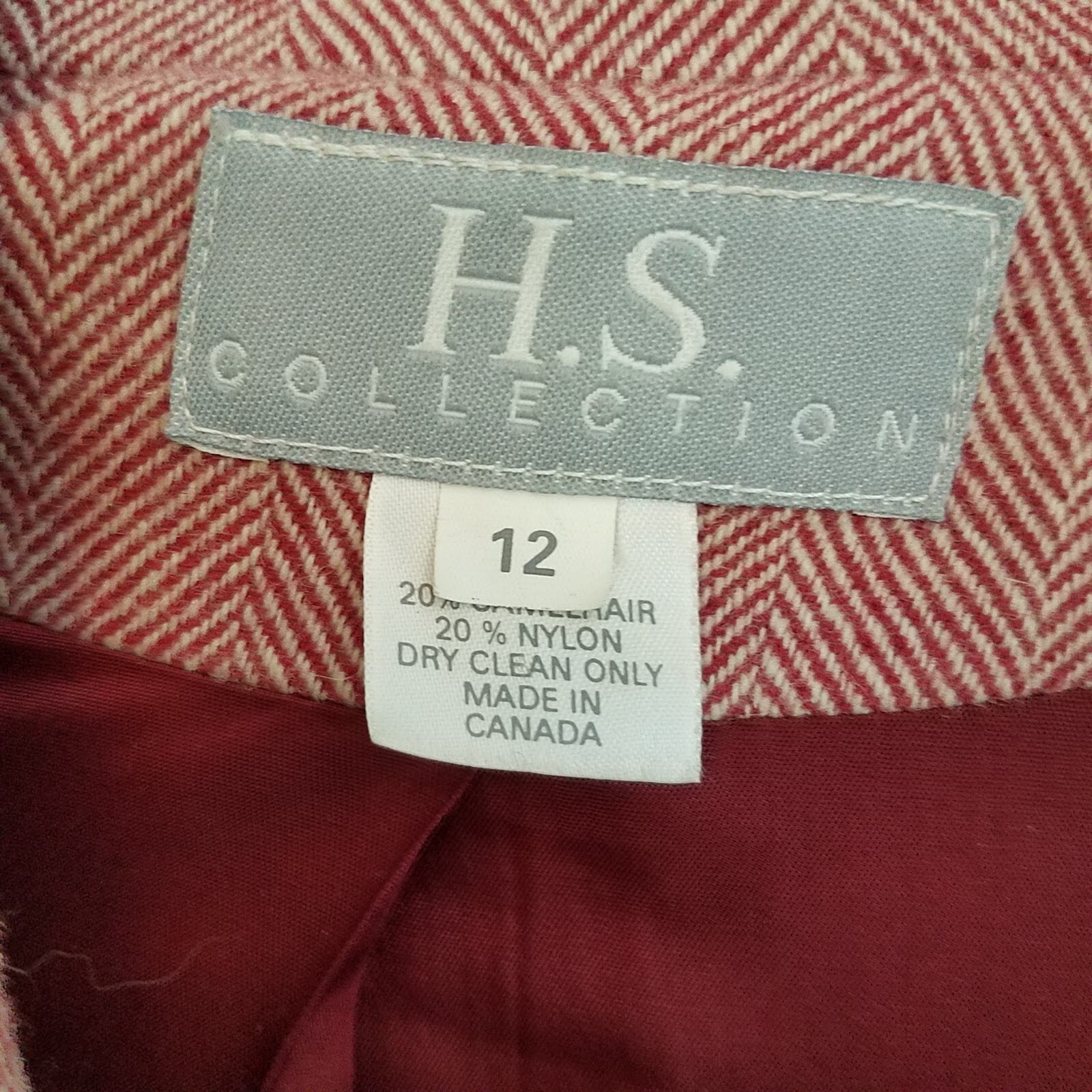 Vintage 1980s Red Chevron Pattern Floor Length Wool/Camel Hair Button Up Coat 12