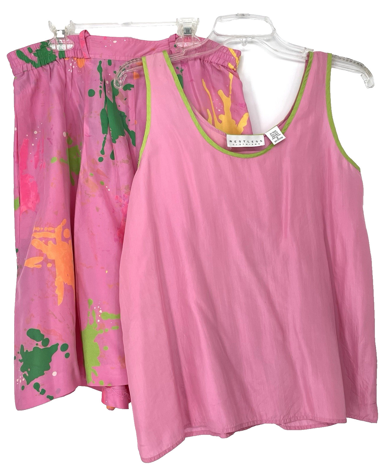 VTG 1980s 1990s High Waist Baggy Bermuda Paint Splatter Silk Short Tank Top Set