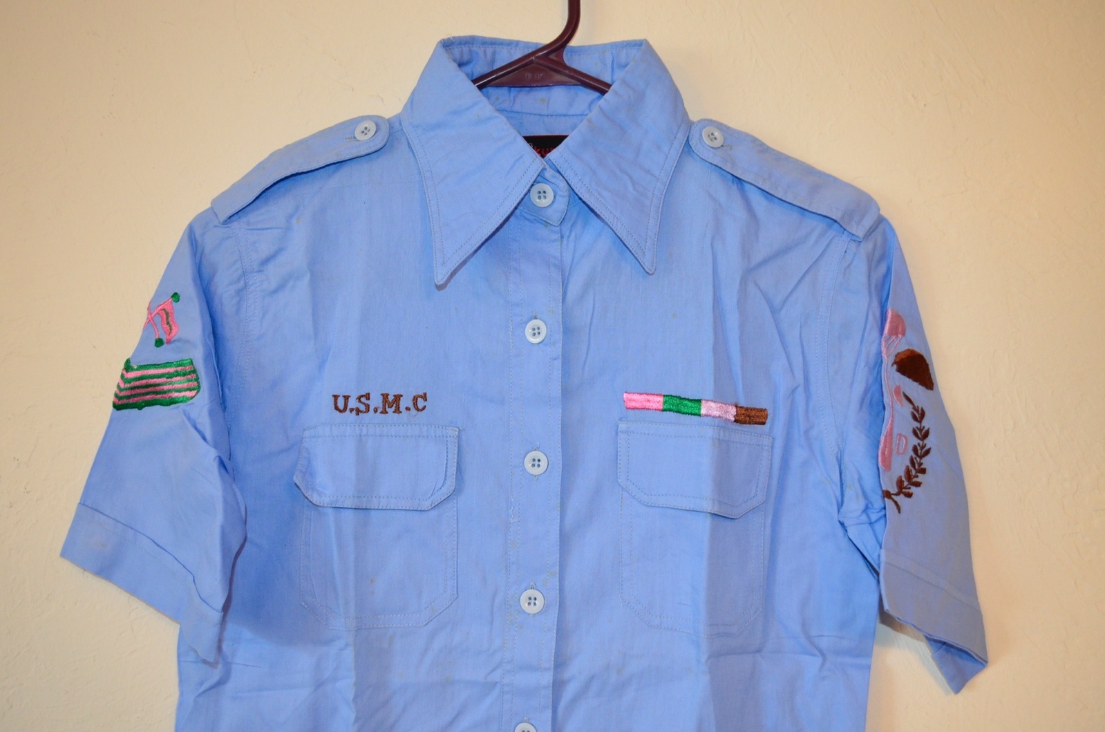 Marines Army Military Brat Blue Pink USMC Hippie Punk Womens S Shirt VTG 60s 70s