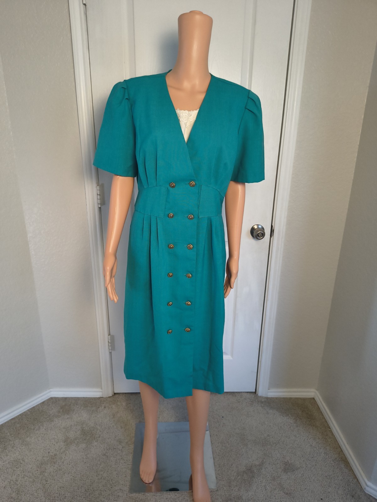 Vintage 90s Pleated Pencil Dress Teal Size 16 Midlength Preppy Stretch Waist P41