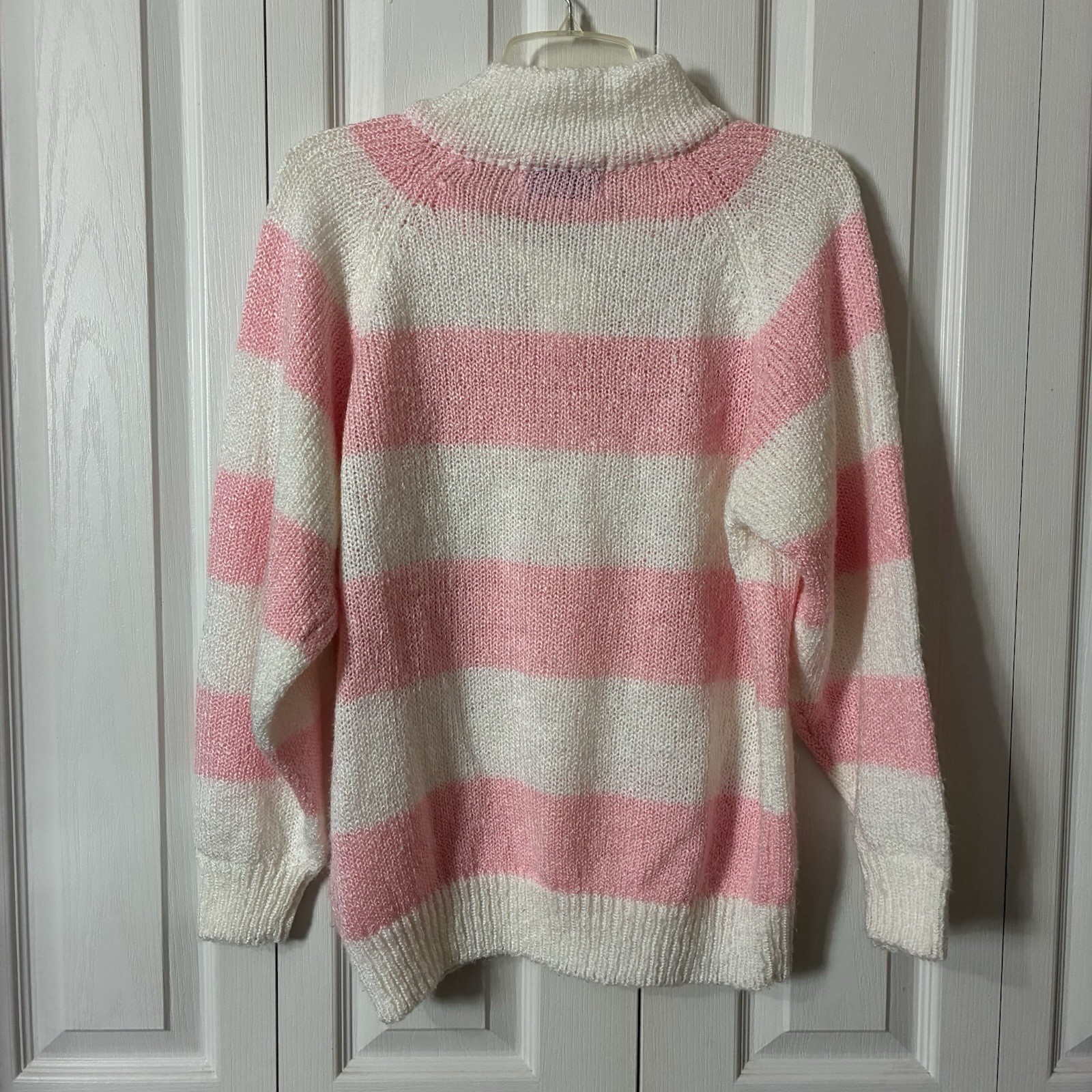 Liz Thomas Vintage Knit Sweater Sz 42/22W Pink White Chunky Stripes Collared