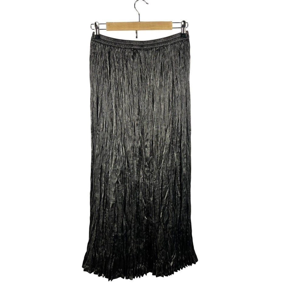 Vintage Metallic Silver Crinkle Pleated Maxi Skirt Small Whimsical Artsy Witchy