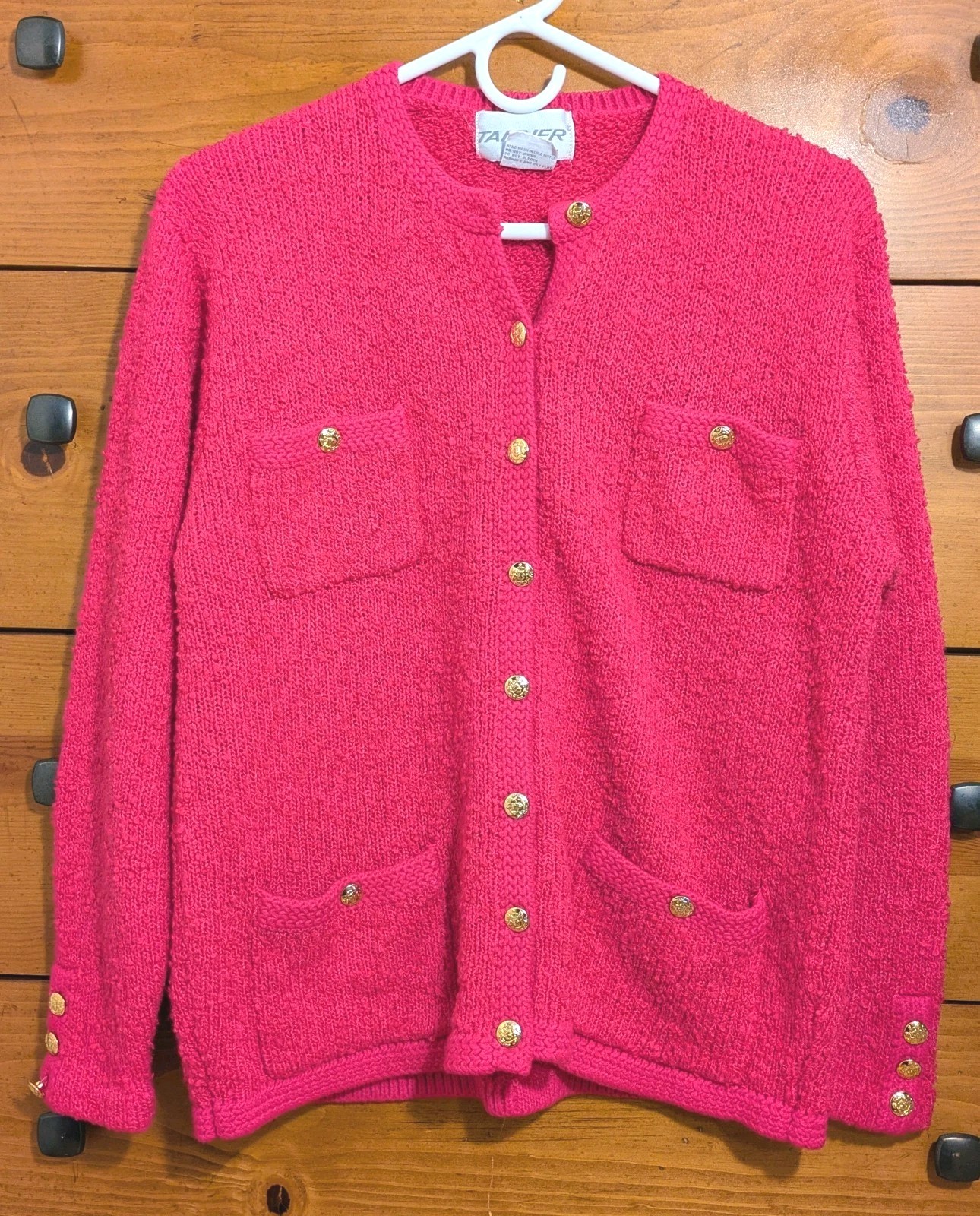 Vintage 80s TANNER Neon Pink/Gold Button Acrylic Cardigan Women’s sz M *EUC!*