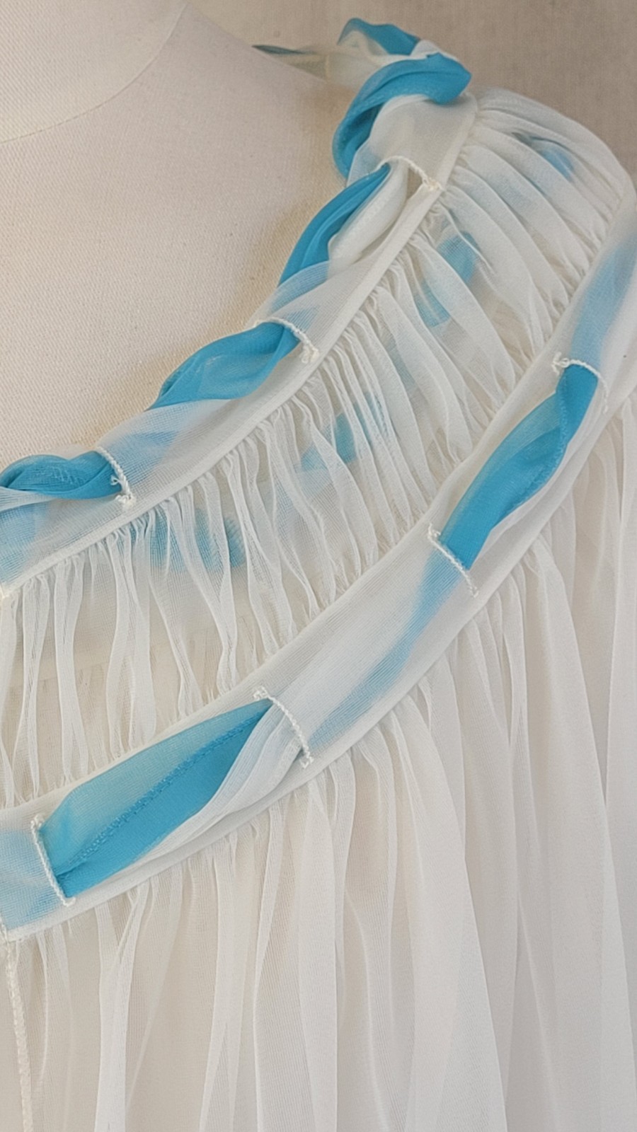 1960s exquisite sheer long white peignoir set with shirring & turquoise accents