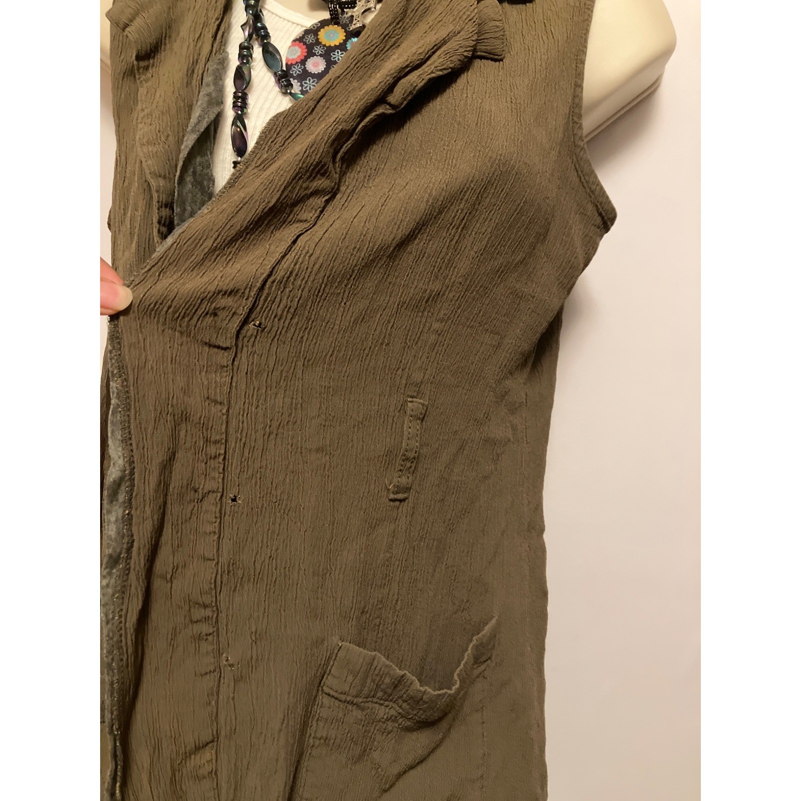 Vintage 90s Ellen Ashley Brown Crinkle Vest Long Boho Lagenlook Artsy Layering L