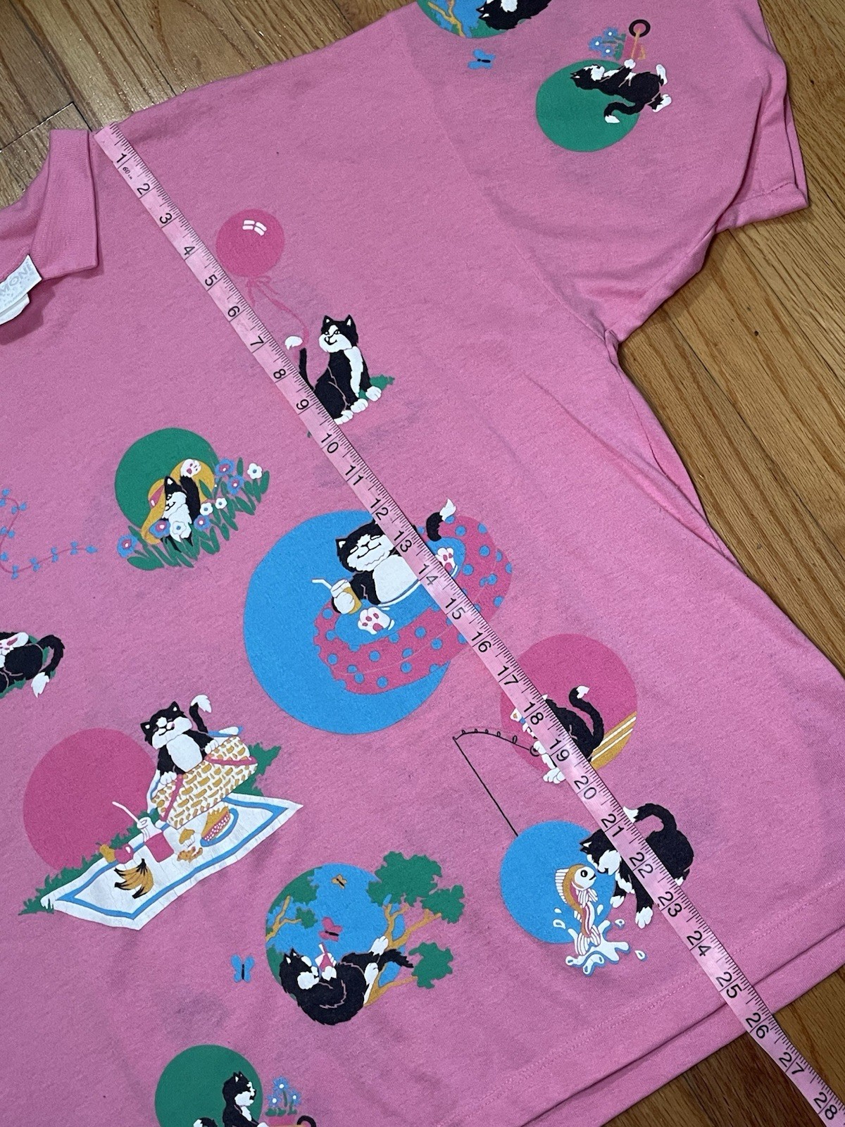 Vintage 80s Spumoni Pink Cats AOP Collared T-Shirt Size Large