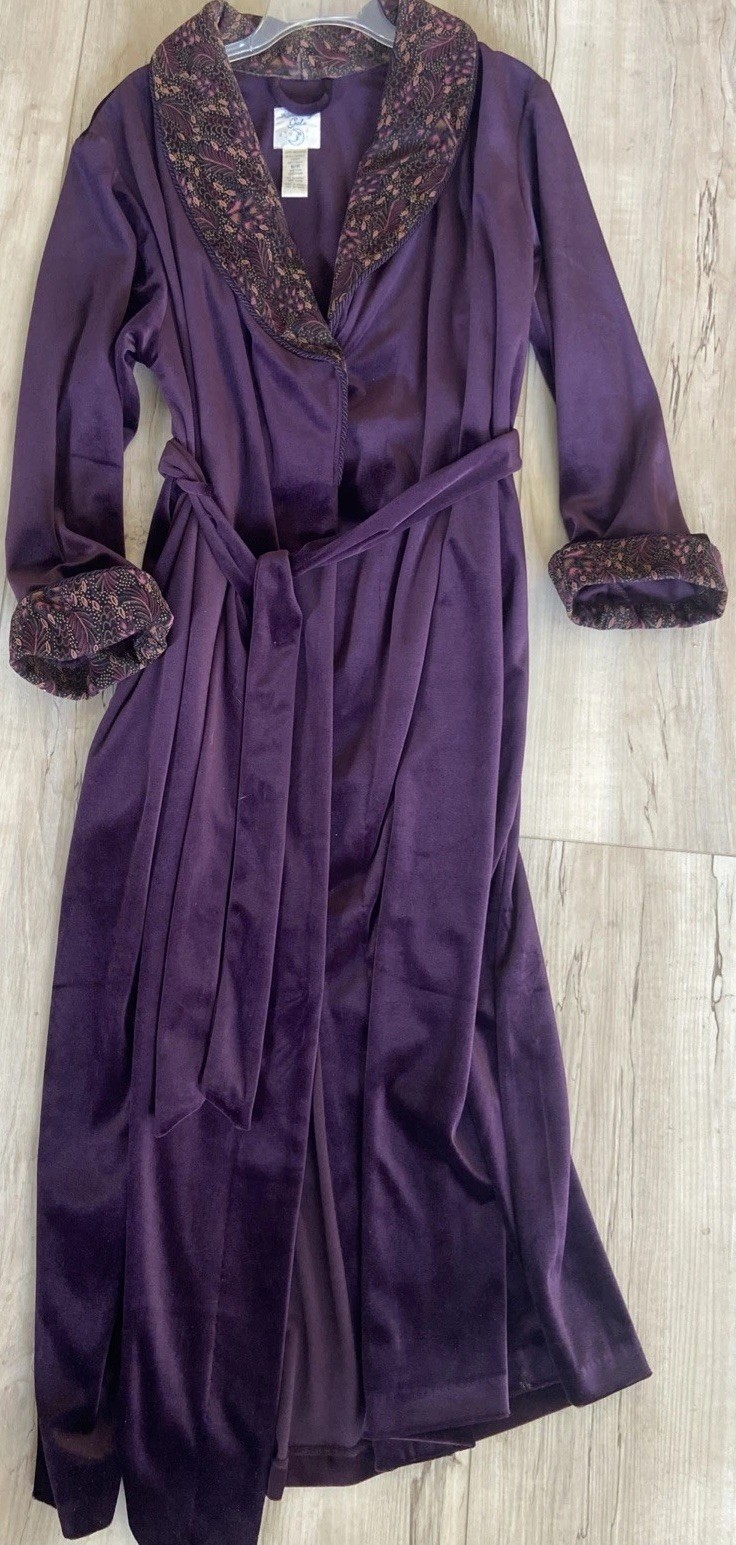 Vtg Kimberly Gale Long Velvet EGGPLANT Robe w/ Patterned Trim Women’s Med