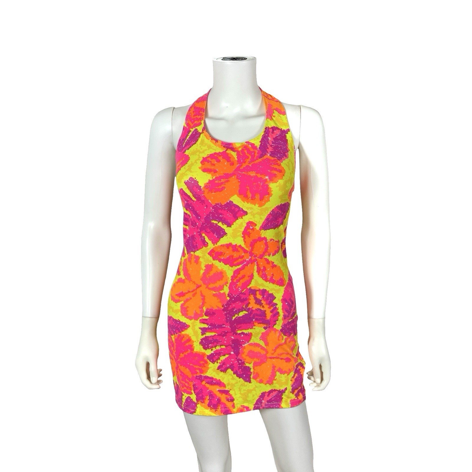 Venus Women’s VTG 80s 90s Neon Floral Halter Bodycon Dress S READ