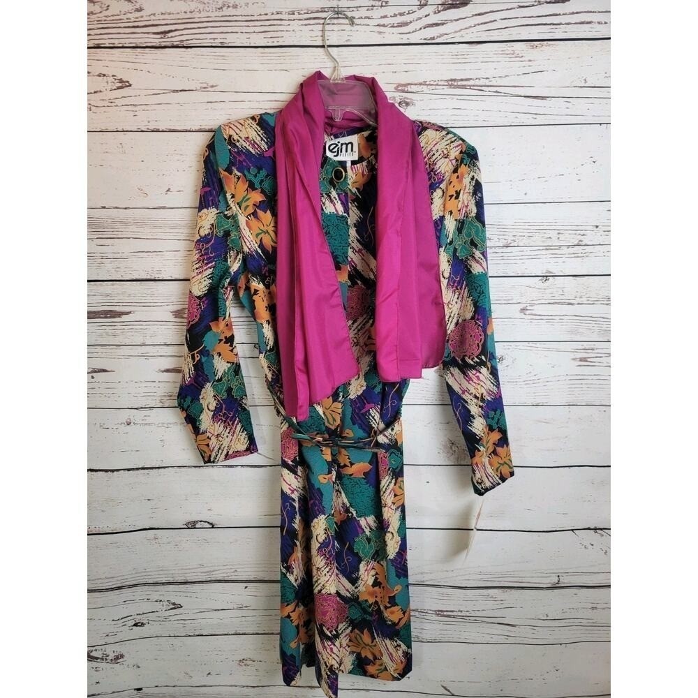 VTG NOS EJM 80s Abstract Floral Scarf Belted Dress Multicolor sz 6 Petite