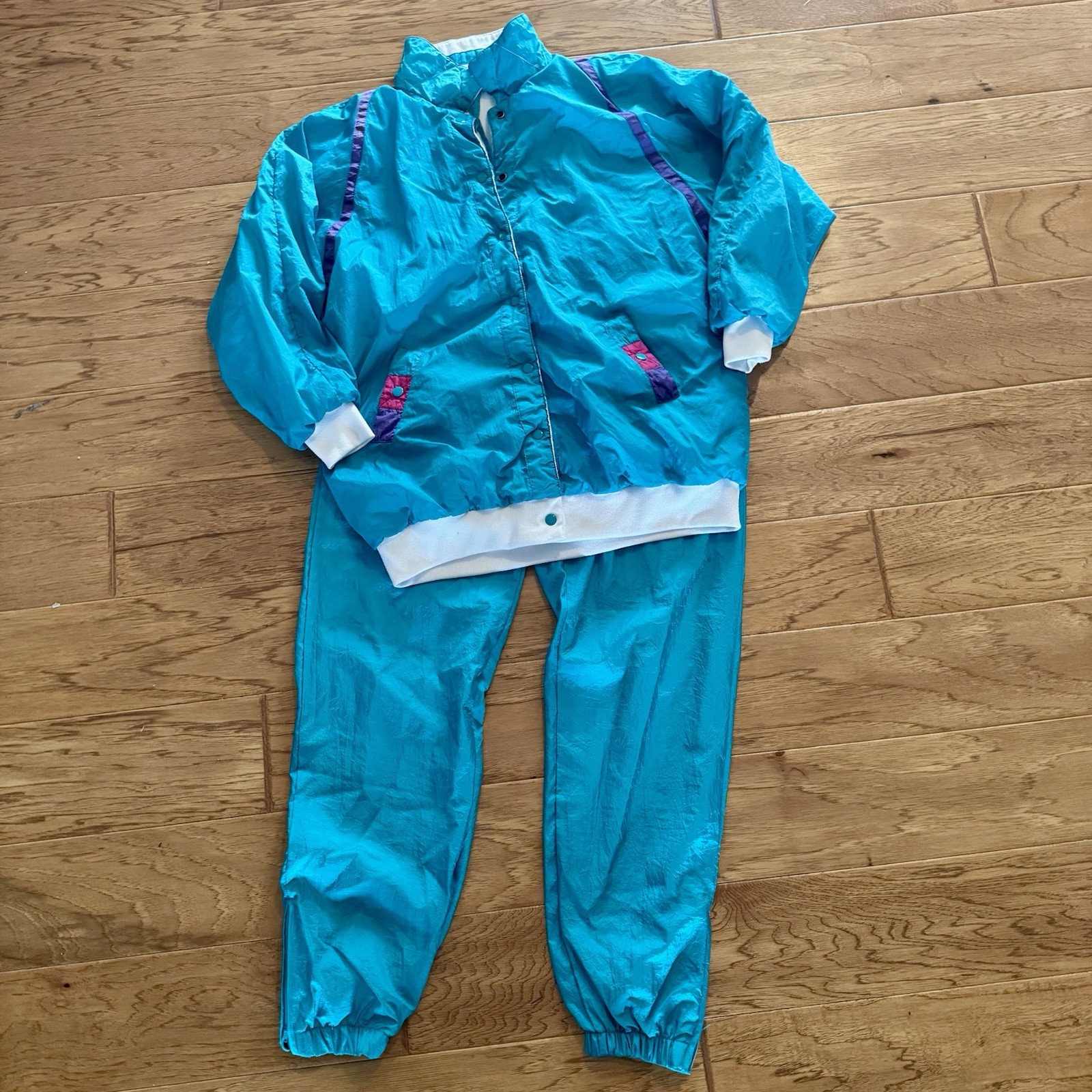 Vintage 80s 90s Windbreaker Track Suit Warm Up Women’s Large Turquoise Running