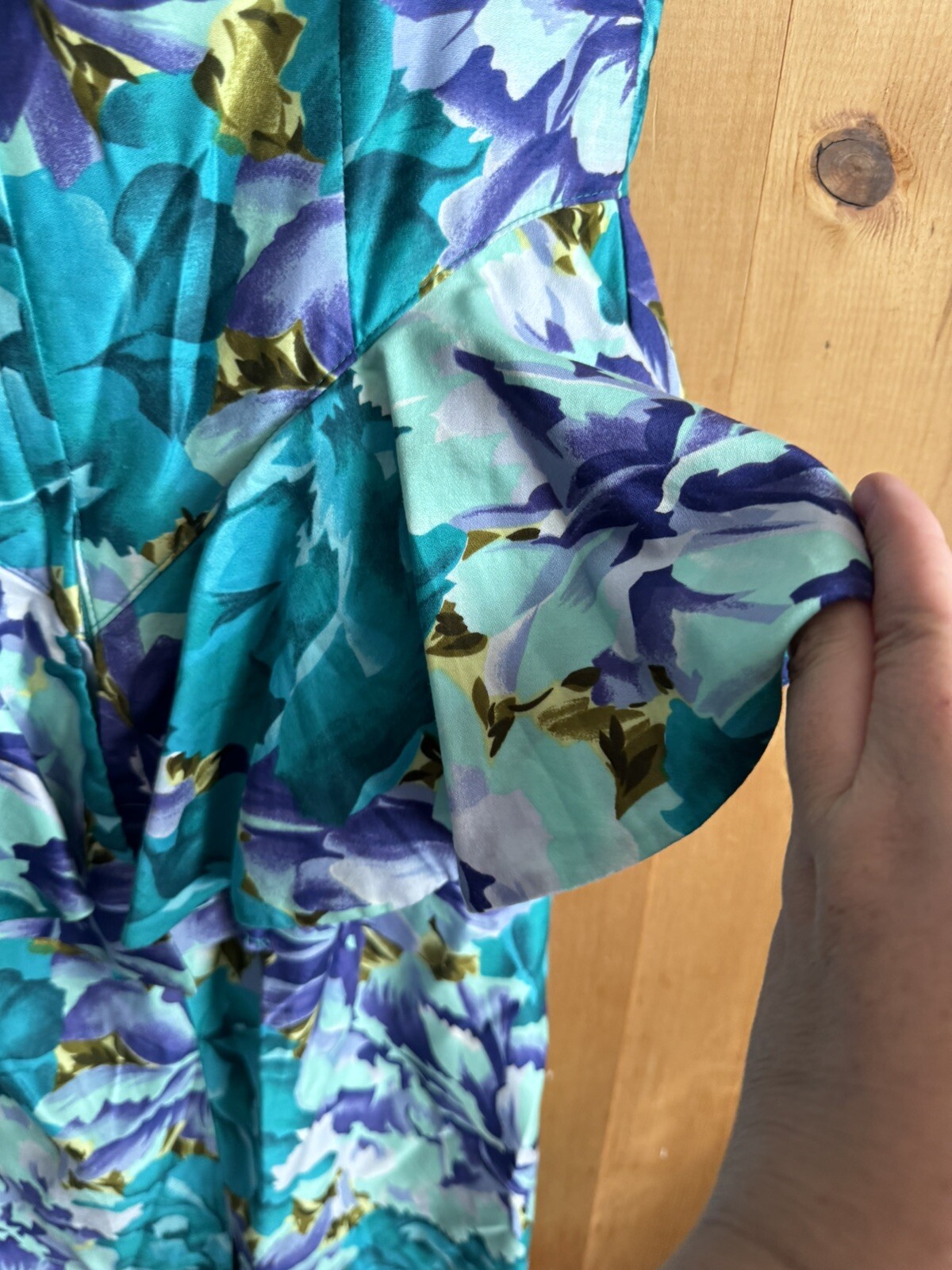 VTG 80s Barbara Barbara Floral Fitted Cotton Dress Bright Teal Bust 30 Waist 28